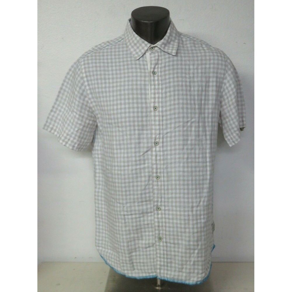 Mens Margaritaville‎ Gray White Short Sleeve Button Front Shirt Size L Linen